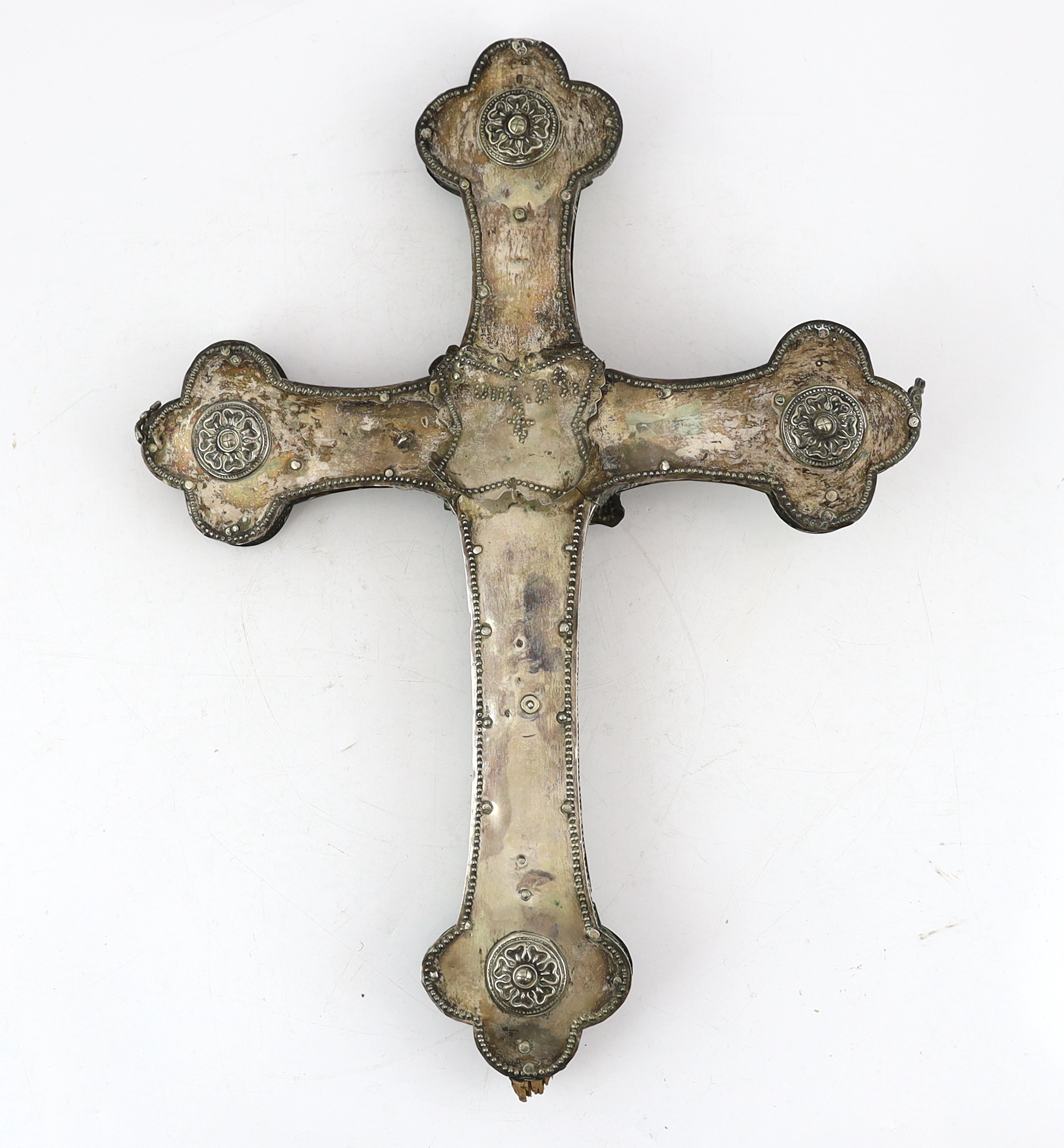 A late 19th / early 20th century continental silver mounted wooden processional crucifix